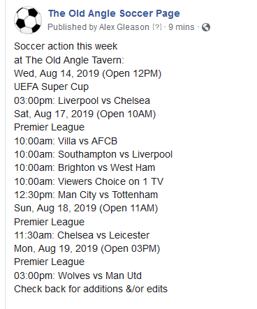 Soccer this week at The Angle <a href="/oldangletavern/">Old Angle</a>