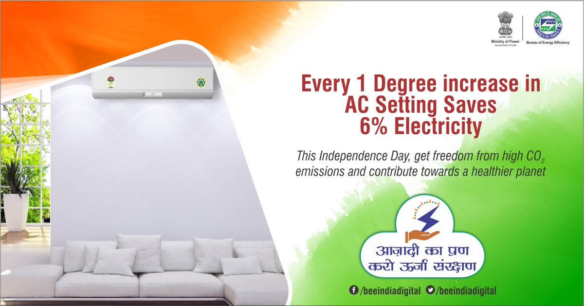 #EnergyConservation and saving money, both are in our hands. With every increase of 1 degree, you can save 6% electricity. So, increase your AC temperature and get freedom from high CO2 emissions, that are affecting our planet. #IndependenceDay #आज़ादी_का_प्रण_करो_ऊर्जा_संरक्षण