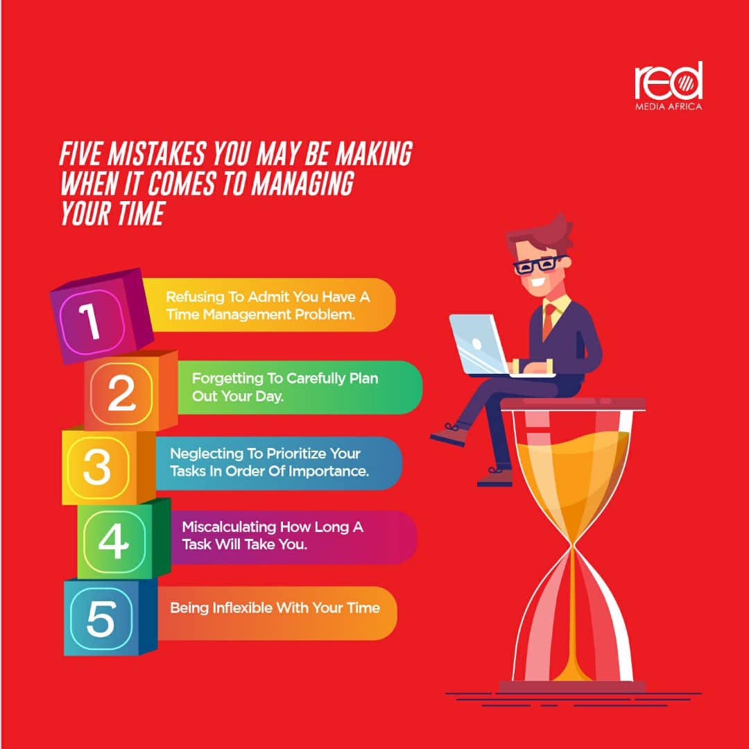 RedMediaAfrica's tweet photo. Here are 5 mistakes you may be making when it comes to time management. 

Which ones do you struggle with?

#REDInpsiringAction #TeamRED https://t.co/qWQQAC2fVU