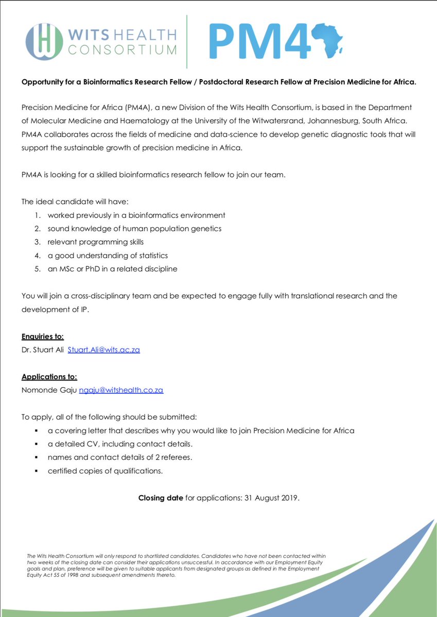 SBIMB1's tweet photo. Opportunity alert!
Bioinformatics Research Fellow/ Postdoctoral Research Fellow position on the Precision Medicine for Africa team #PM4A https://t.co/8gaSFZHuBs