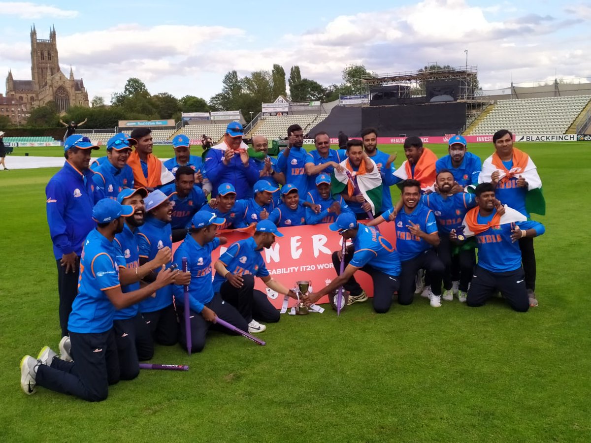 BCCI's tweet photo. India defeat England by 36 runs in the final to clinch Physical Disability World Cricket Series 2019 👏🙌 https://t.co/IaaNv6Jyvv