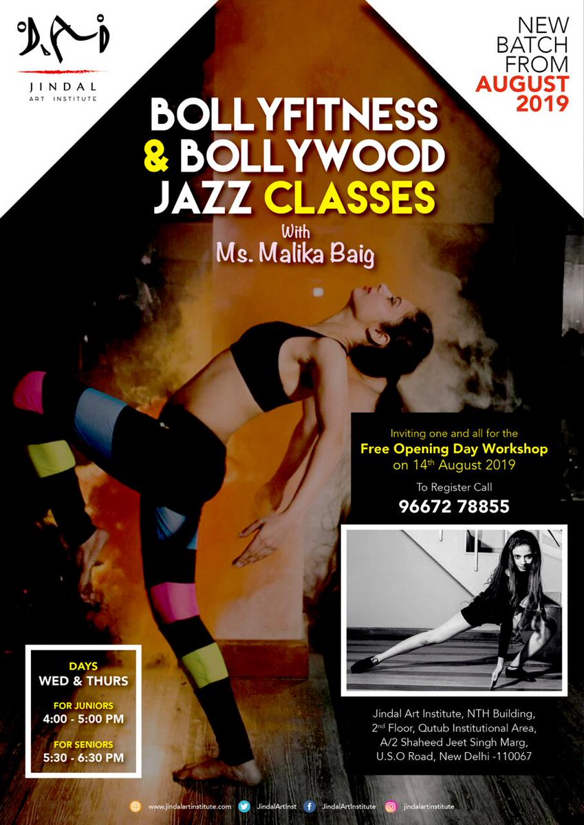 JindalArtInst's tweet photo. See you today at the Opening Day #FreeBollywoodDance Workshop for new batch beginning in August 2019 - 4pm owards Junior batch and 5:30pm onwards Senior batch. Dont miss this chance!! https://t.co/nOWW3Xg9AD