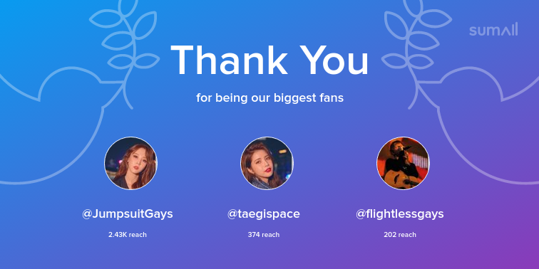 softbutsad's tweet photo. Our biggest fans this week: JumpsuitGays, taegispace, flightlessgays. Thank you! via https://t.co/jxBnSNShGK https://t.co/QF6jzwRiOU