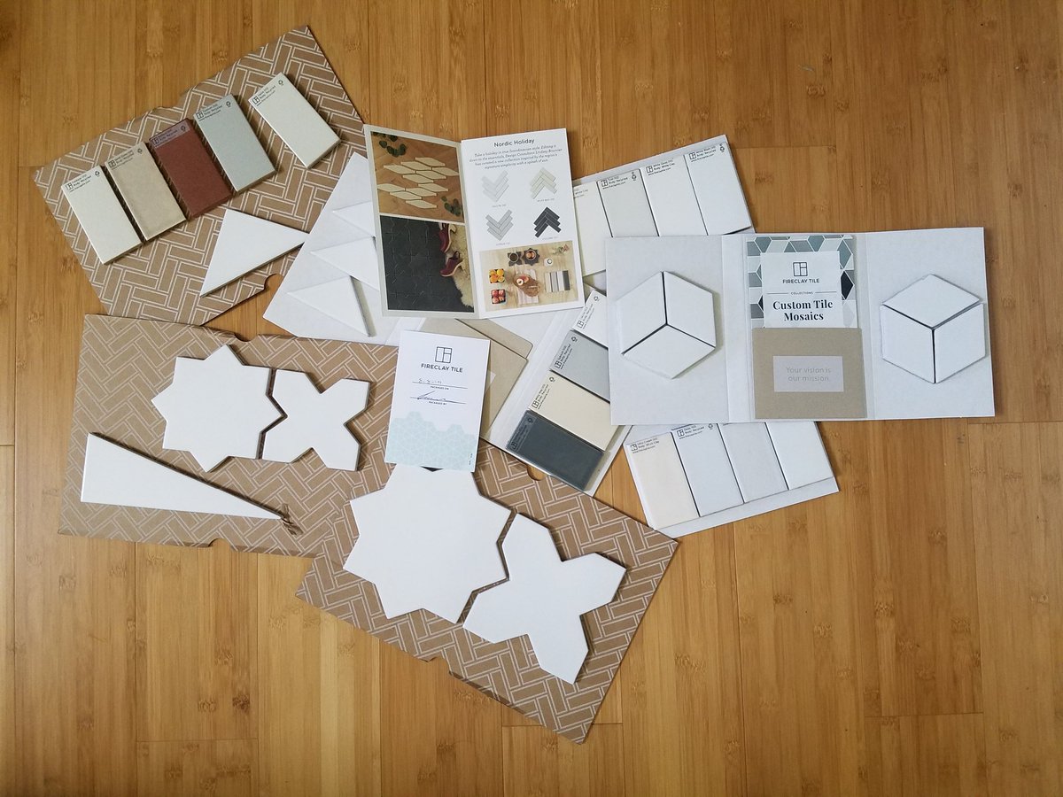 MrsSpaceChief's tweet photo. @fireclaytile Even though our new house build is a year out, this amazing sample pack of your tiles has me giddy with fresh ideas for our kitchen and bath! Thanks so much! Eager to get started! https://t.co/TXZ13YRBVb