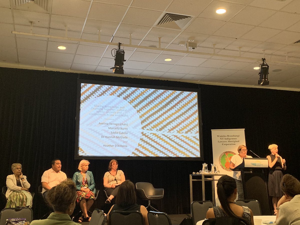 MEatockRabbidge's tweet photo. Main plenary panel: Avelina Tarrago, president of @ILAQueensland chairing, Sharing knowledge &amp; leaning together: cultural safety, security, &amp; competency in law &amp; health. https://t.co/t2lRl63drl