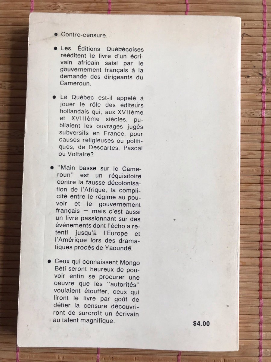 <a href="/KimTodzi/">Kim Todzi</a> <a href="/esqbremen/">Eva Schöck-Quinteros</a> <a href="/juergenzimmerer/">Jürgen Zimmerer</a> @BantignyL For your information: This edition of #MainBasseSurLeCameroun by #MongoBeti is the very first one that was published. It was published in Canada due to censorship in #France. Mongo Beti’s Wife #OdileTobner showed it to us during an Interview in #Rouen, #France.