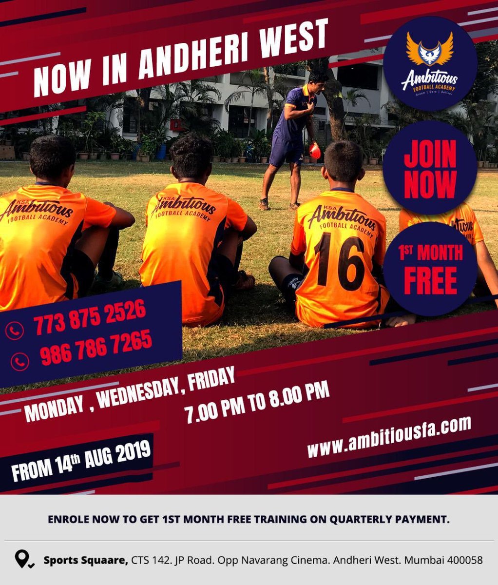 ambitiousfa's tweet photo. We are now in Andheri! Join us today at the training session at Sports Square at Andheri West at 7 pm. https://t.co/zAmpo3OBzE