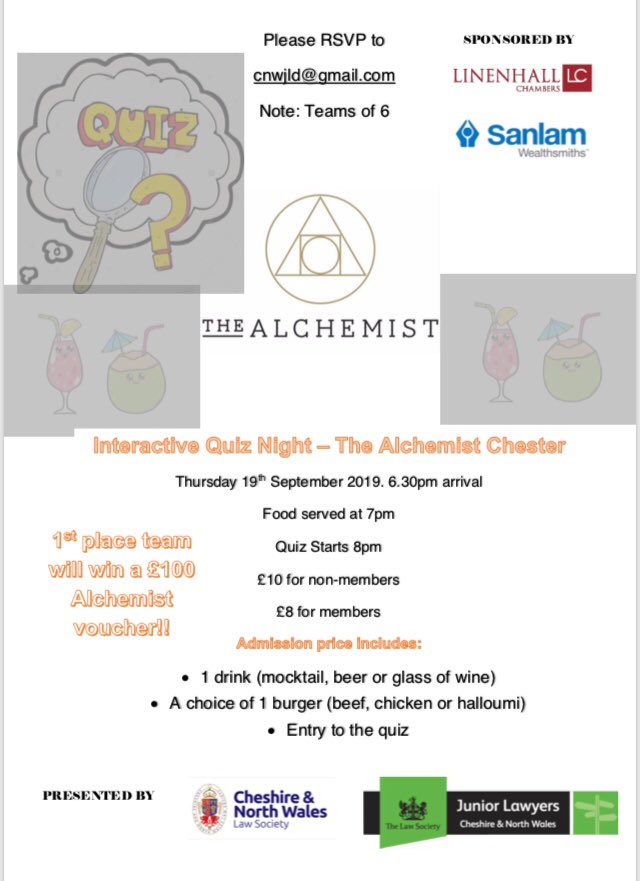 CNWJLD (@cnwjld) on Twitter photo Quiz night!!
<a href="/TheAlchemistUK/">The Alchemist</a> Chester 19.09.2019 RSVP cnwjld@gmail.com teams of 6! All welcome 💃🏽 Quiz night!!
<a href="/TheAlchemistUK/">The Alchemist</a> Chester 19.09.2019 RSVP cnwjld@gmail.com teams of 6! All welcome 💃🏽