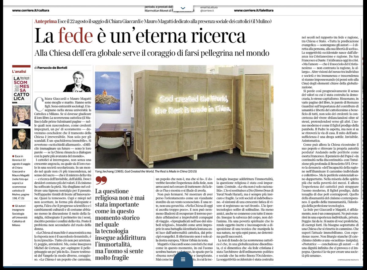 mauromagatti's tweet photo. Grazie a ⁦@DeBortoliF⁩ per la bella recensione di La scommessa cattolica (Giaccardi Magatti, Il Mulino)
In libreria dal 22 agosto 
La fede cristiana ha ancora qualcosa da dire al  tempo che  viviamo? 
Oggi su ⁦@Corriere⁩ https://t.co/B8PYUVONdT