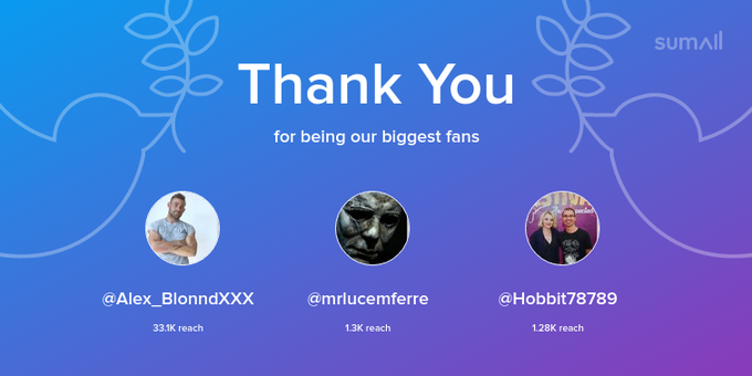 Our biggest fans this week: Alex_BlonndXXX, mrlucemferre, Hobbit78789. Thank you! via https://t.co/Lnrg9rGJvt