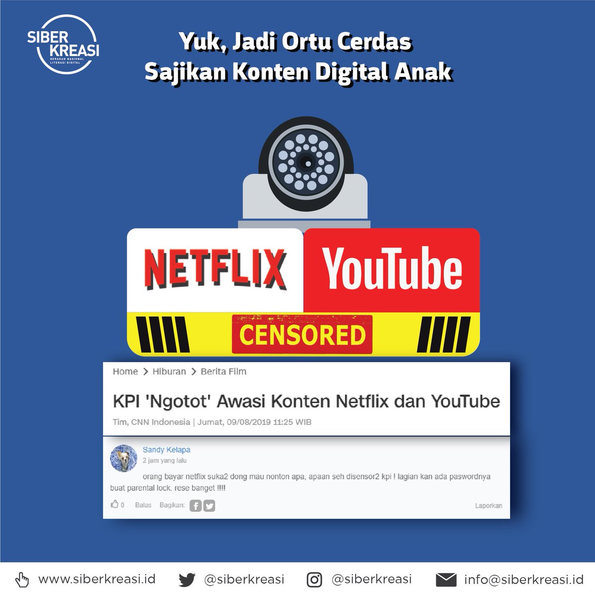 SiBerkreasi's tweet photo. Halo Netizen Cerdas Indonesia!⁣⁣
⁣⁣
Kalian pasti udah denger perihal konten yang terdapat dalam Netflix dan YouTube akan diawasi oleh KPI yang cukup banyak menuai pro-kontra. Menurut kalian gimana? Share pendapatmu di kolom komentar ya.  ⁣ https://t.co/oc6WBdYogI