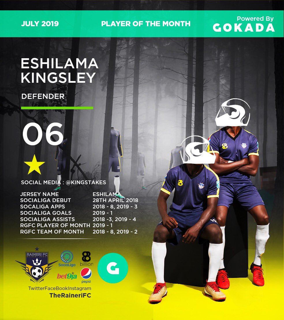 TheRaineriFC's tweet photo. 📃 BREAKING NEWS!!!
🌟Our @GokadaNG Player of the month for JULY 2019 is ESHILAMA🏅🔝 👏🏾👏🏾👏🏾
#️⃣ #TheGhosts 👻 | #Bet9jaSociaLiga ⚽️ | #RaineriAwards | #RaineriGokada 👻🏍 https://t.co/dsWQbssMaq