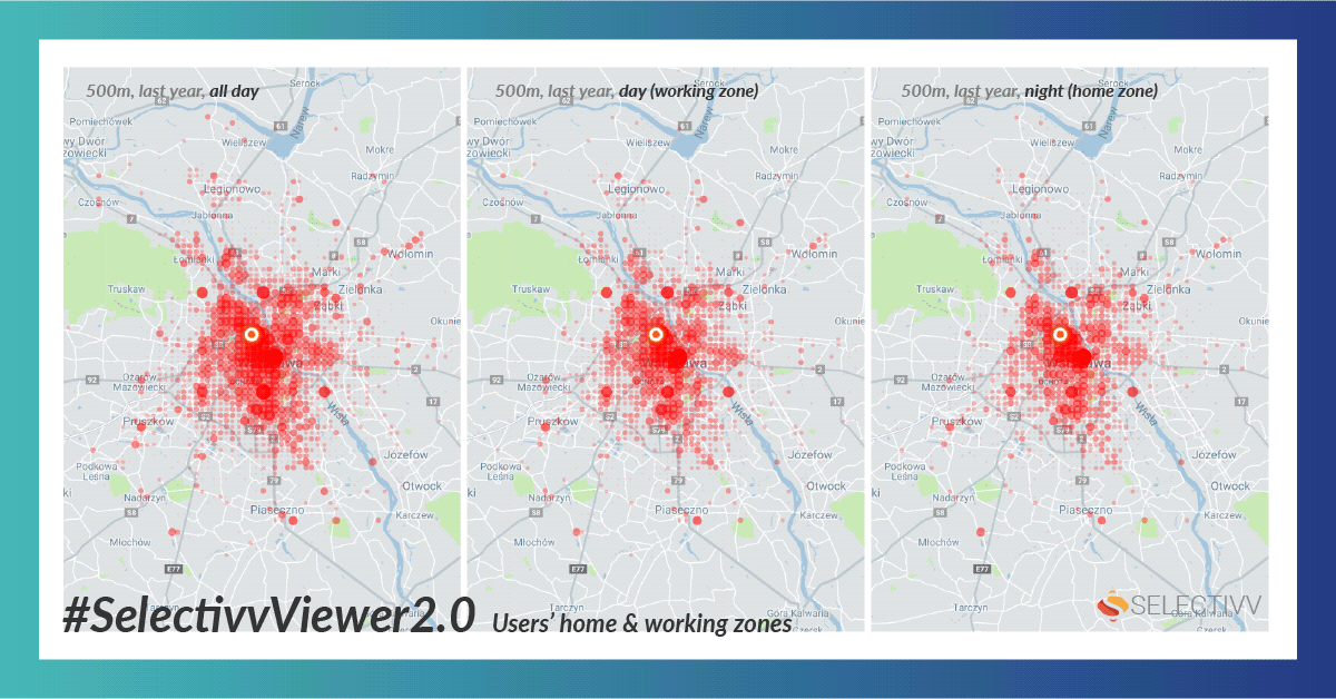selectivv's tweet image. #SelectivvViewer2.0 on #Catchment: visualization on map is filtered by: all day / day / night. Technically it shows locations where “our” users are during particular hours. Including #BehaviouralPrediction – we receive their home and working zones. More &amp;gt;&amp;gt; bit.ly/2Z78WpH