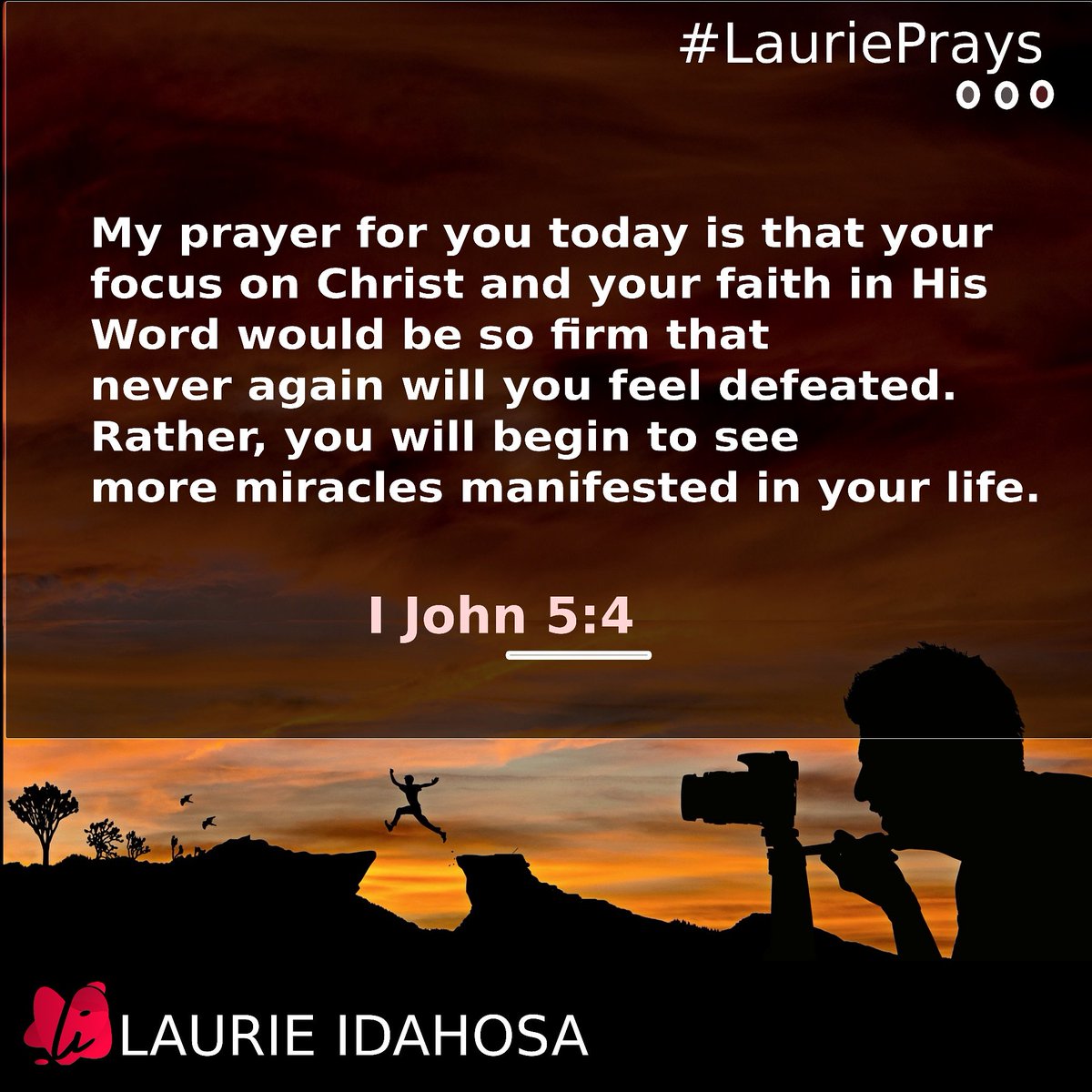 IdahosaLaurie's tweet image. My prayer for you today is that your focus on Christ and your faith in His Word would be so firm that never again will you feel defeated. Rather, you will begin to see more miracles manifested in your life. 

#LauriePrays #prayer