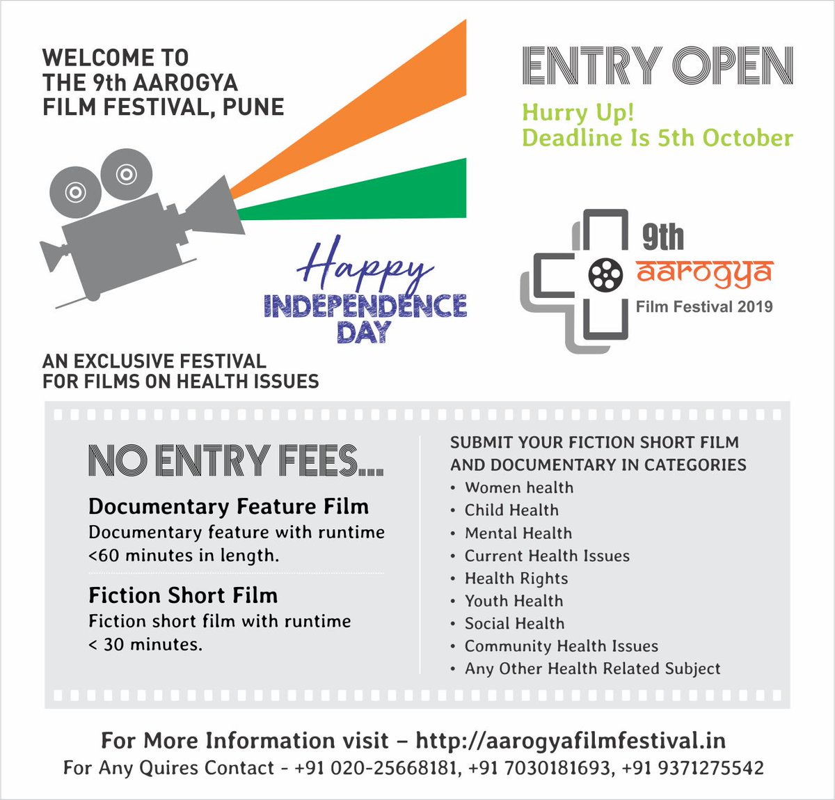 ArogyaFilm's tweet photo. P.M. SHAH FOUNDATION CALLS FOR ENTRIES FOR 9 TH AAROGYA FILM FESTIVAL.
NO ENTRY FEES….
WELCOME TO THE 9th AAROGYA FILM FESTIVAL, PUNE
AN EXCLUSIVE FESTIVAL FOR FILMS ON HEALTH ISSUES
SUBMIT YOUR SHORT FILM /DOCUMENTARY 
For Any Quires Contact- +91 020-25668181, +91 7030181693, https://t.co/ZymMLypRxU