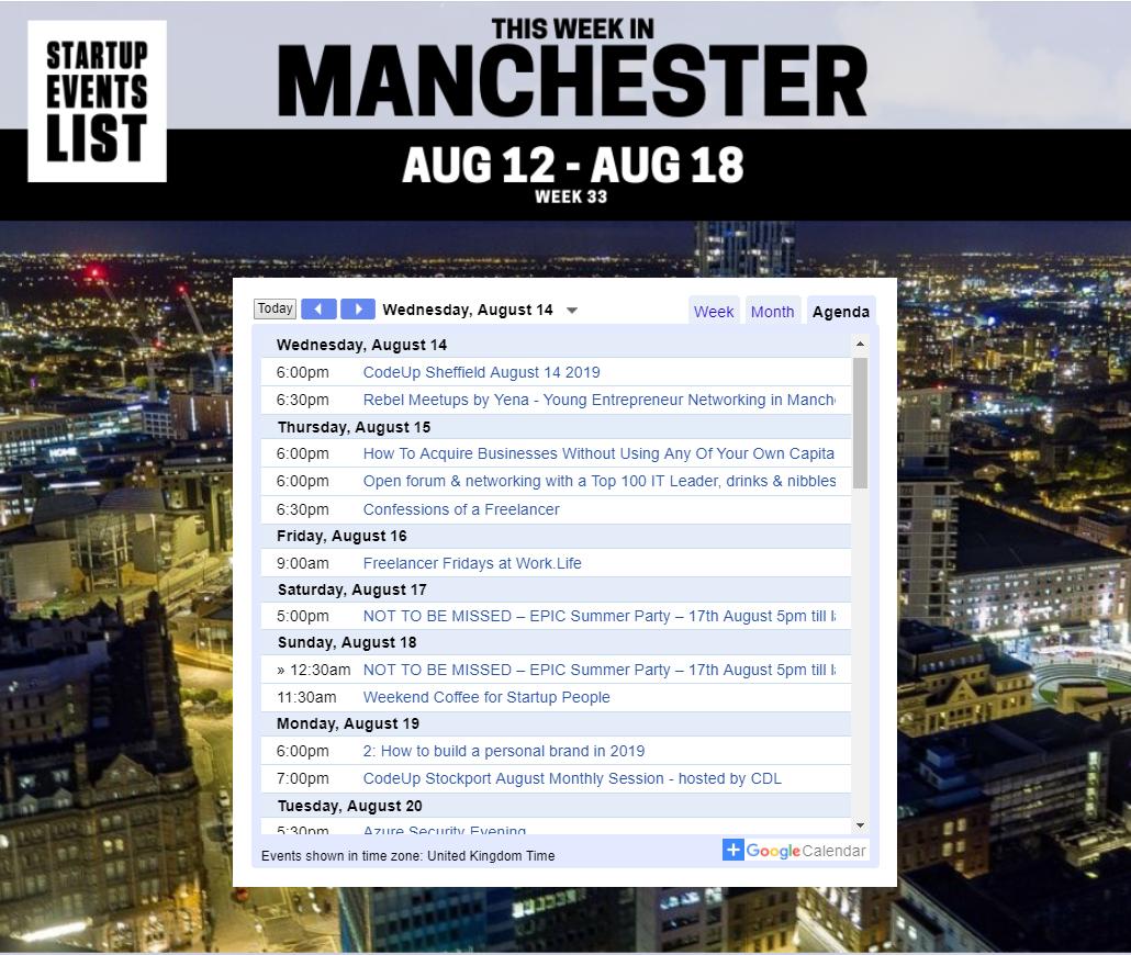 StartupEventMAN's tweet photo. Wednesday's startup and tech events coming up in Manchester. Get invites at https://t.co/fIwKfRQval

#Manchester #UK #startups #tech https://t.co/W2s2PJgfWP