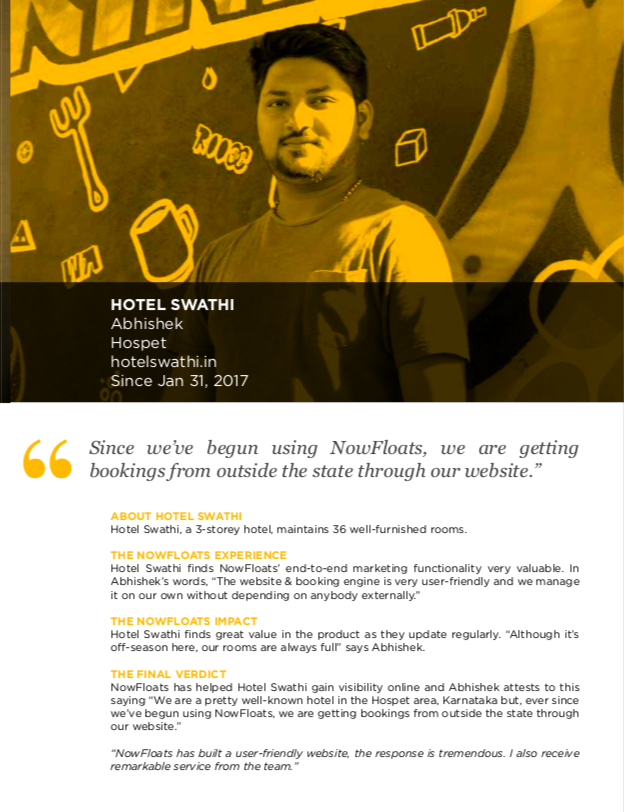 NowFloats's tweet photo. When you run a hotel near a tourist spot like #Hampi, it is necessary to have a complete and perfect online presence. #NFCustomer Abhishek from Hotel Swathi tells you how Boost 360 for hotels is giving him that edge:
#Reservation #digitaltransformation #hotels https://t.co/9pns3leXzs