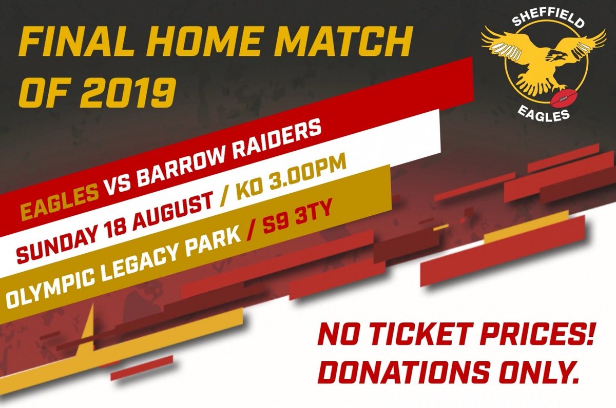 SheffieldEagles's tweet photo. We are pleased to announce that there will be NO TICKET PRICES for this Sunday's final home match of the season as we take on @BarrowRaiders! 

Any donations for what you feel appropriate to pay, can be given upon entry. 

Full details here: https://t.co/K3kEoLqq99 https://t.co/Lefl2S7BQO