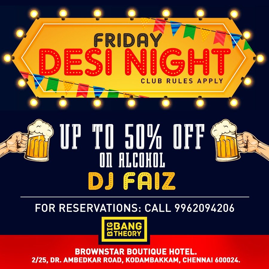 PUBBURPS1's tweet photo. get 50% On alcohol @BigBangTheory Pub chennai Friday Desinight Feat. WithDJ FAIJ
๐WIN yourself Rs.5K๐ปworth #BEER at your fav_PUB & #CityAsOne (@PUBBURPS1) #contestalert
#Red_Chieftians
#TriviaTuesdays #SyeRaa #Agalaathey #NovaDairy #AskRamCinemas
#WednesdayWisdom #MikaSingh https://t.co/RRz6lR9mPu