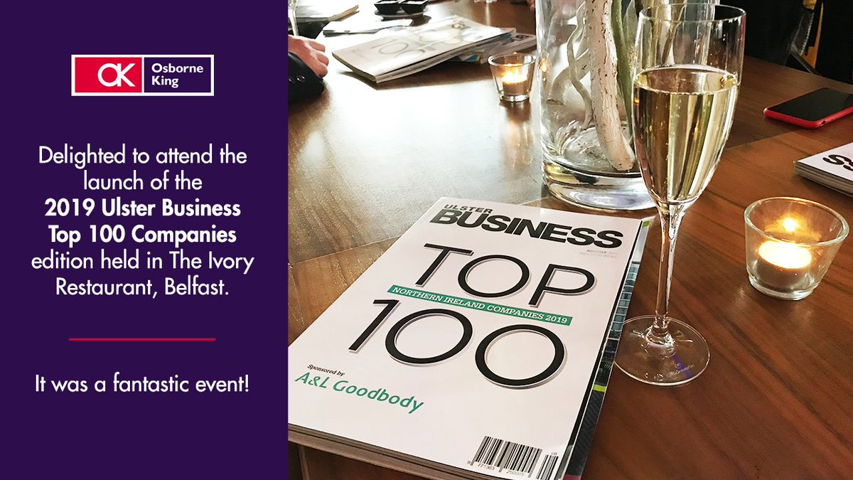 OsborneKingNI's tweet photo. Many thanks for the invite to the launch of the 2019 @UlsterBusiness Top 100 Companies edition held in @theivorybelfast, it was a wonderful event. Congratulations to all those companies who made it onto this year’s #UB100 list. @ALGoodbody @newsmulg https://t.co/WjmyljFMfV