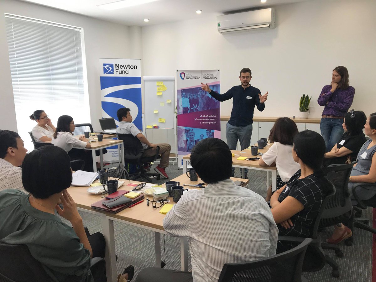 UKinVietnam's tweet photo. An exciting kick-start to the Leaders in Innovation Fellowship #LIFSessions in Hanoi. Vietnamese innovators involved with @RAEngGlobal @NewtonFund programme will spend 2 days learning and discussing how to successfully commercialise their innovations. #InnovationisGREAT https://t.co/XJXhPL399x