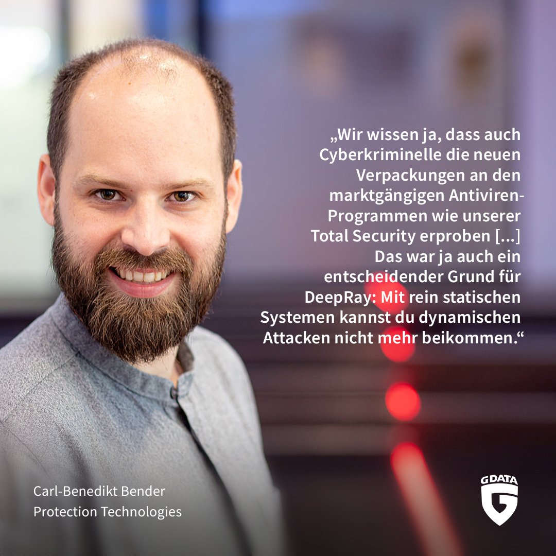 GDATA's tweet photo. Carl-Benedikt Bender leitete die Entwicklung unserer innovativen #KI-Technologie #DeepRay. Wie sie funktioniert und welche besonderen Herausforderungen bei der Entwicklung aufgetreten sind, verrät er Euch nun im Interview.

➡ https://t.co/WVgsjAbyWY #Machine #Learning #AI https://t.co/7sod6WHk6q