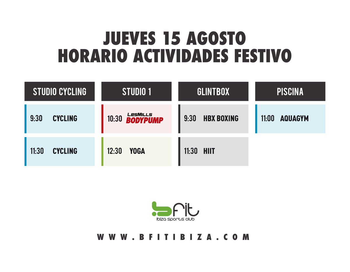 BfitIbiza's tweet photo. ⚠️ Recordamos que #Mañana Jueves 15 de Agosto día #Festivo, el Club estará abierto de 8h a 20h con las siguientes #ActividadesColectivas:
> 9:30h #Cycling
> 9:30h #HBXboxing
> 10:30h #BodyPump
> 11:00h #Aquagym
> 11:30h Cycling
> 11:30h #HIIT
> 12:30h #Yoga
#Bfitibiza https://t.co/Cwtmo1ZjRY