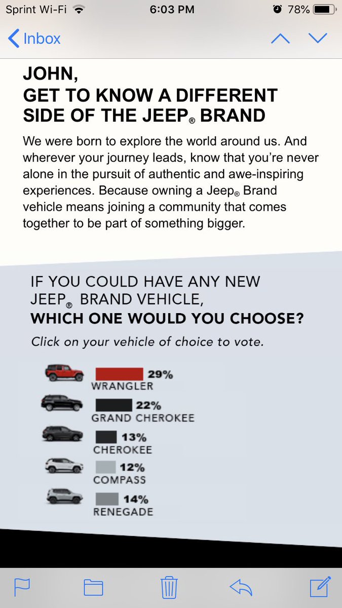ja_kennedy's tweet photo. @jeep sends this email. I have been waiting 3.5 months for a Gladiator order. The vehicle is done and has been sitting in a storage lot for over 2 wks. You know what Jeep vehicle I want? The one on the order!!!  Oh the other fun part is I am in Detroit. 65 miles from the plant https://t.co/gGbZWmWCEr
