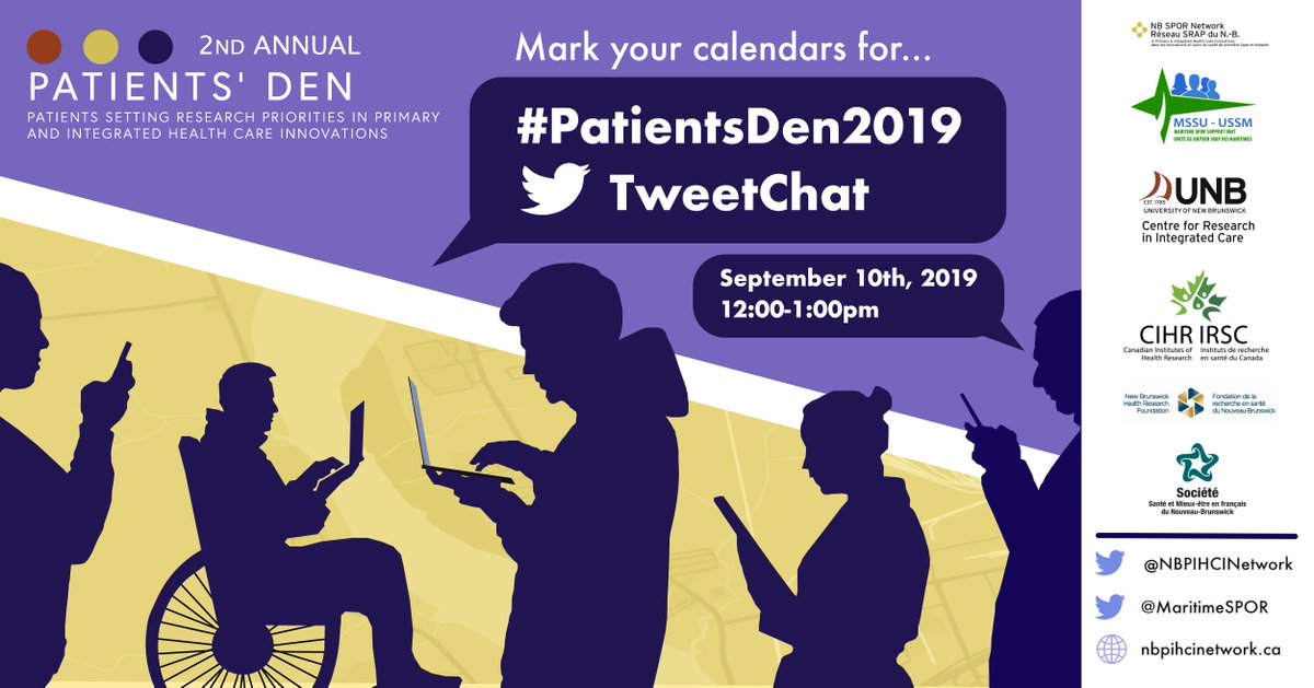 CRIC_UNB's tweet photo. 📅Mark your calendars! We will be hosting a #TweetChat with our friends at the @maritimespor September 10th. Sneak peak: We'll be touching on #HowToDoPatientEngagement and #ThePatientsDen
#PatientsDen #PatientEngagement #SPOR @NBHRF @UNB https://t.co/5IaNpPoXe0