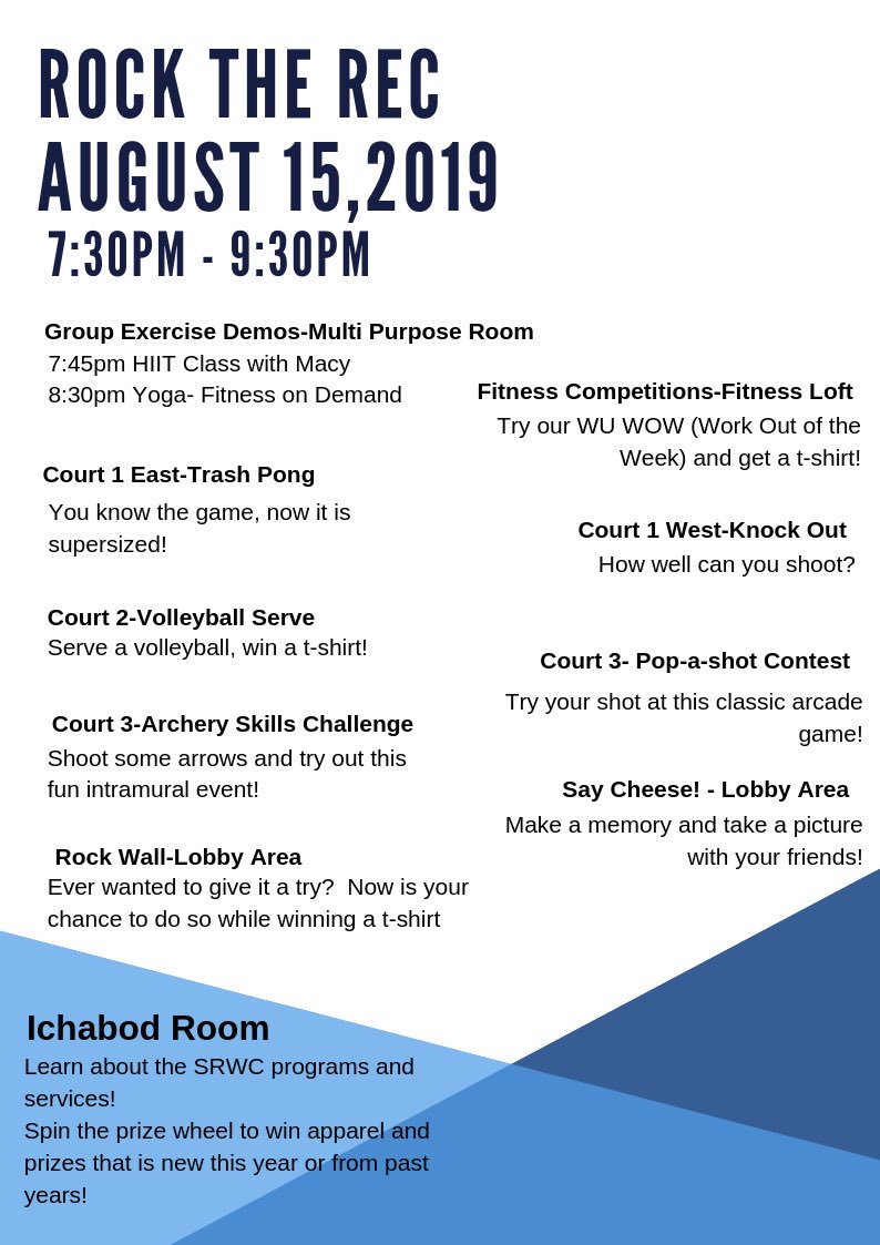 Here’s what you can look forward to at Rock the Rec🤩 There are prizes to win and memories to be made! Including a gift card from BSN Sports for $125 towards a pair of Nike or Under Armour shoes, so make sure you come to the Ichabod Room during Rock the Rec for a chance to win!