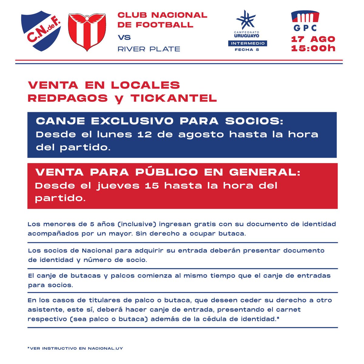 Nacional's tweet photo. Continúa el canje de entradas para socios en los locales de @RedpagosOficial y a través de @Tickantel 

#SeñoresLargoTodo #120Años https://t.co/DGr9rtQfzz