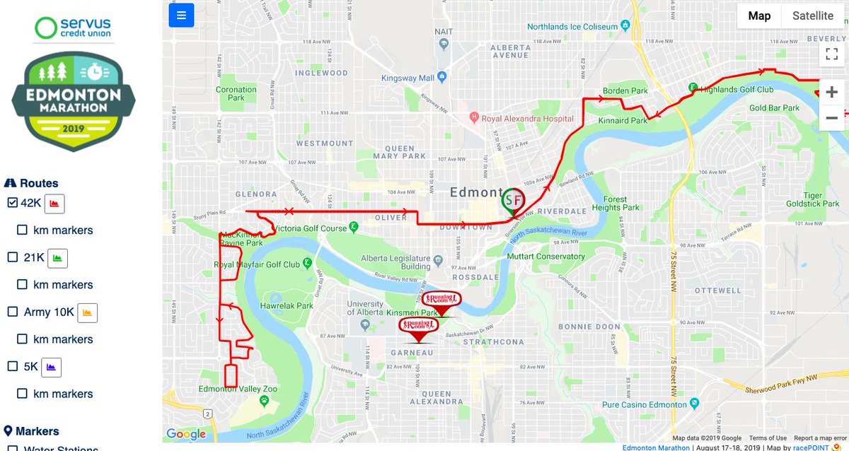 RacePointMaps's tweet image. The @ServusCU @Edm_Marathon kicks off THIS weekend! Check out this interactive #racePOINTmap for all the course information you need: km markers, water stations, timing mats and more! 

📍 bit.ly/2yZmvNG #yegmarathon