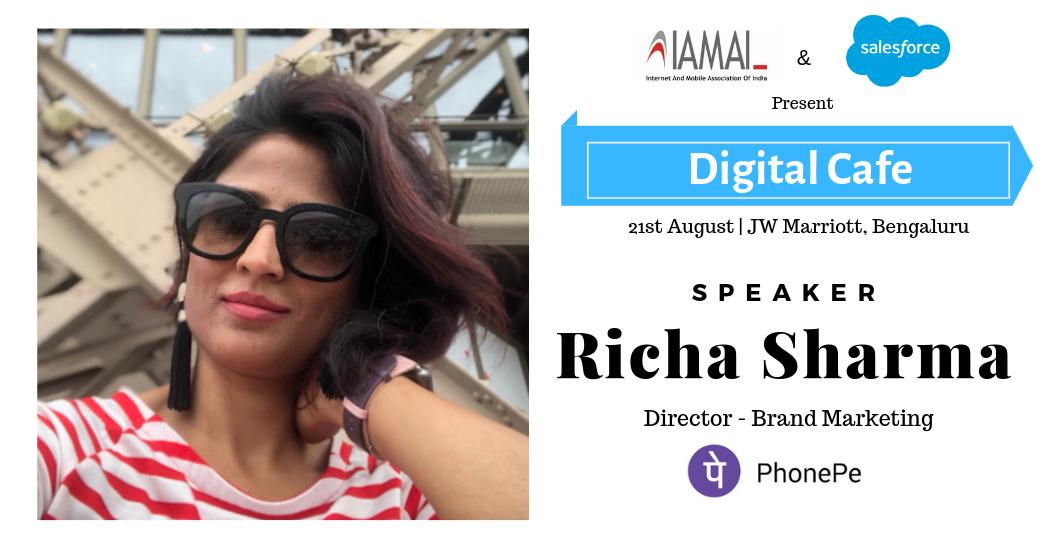 We are delighted to announce that Richa Sharma, Director - Brand Marketing, <a href="/PhonePe_/">PhonePe_</a>  will be joining us at the 'Digital Cafe' on 21st of August at JW Marriott, Bengaluru. 
For more details and to request an invite visit: bit.ly/2Lh82V8 or write sachin@iamai.in