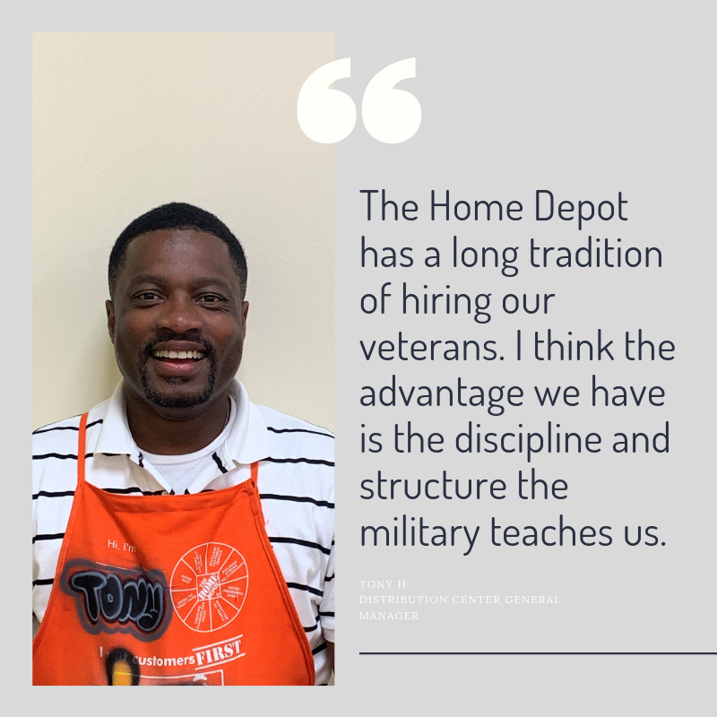 HomeDepotCareer's tweet photo. Meet Tony! Tony is an Army veteran and general manager at one of our distribution centers. Learn how he has used the lessons in teamwork, organization, and personal discipline that he learned in the Army throughout his career with us. https://t.co/9JvRGotLBx https://t.co/QHTvH9VkKv