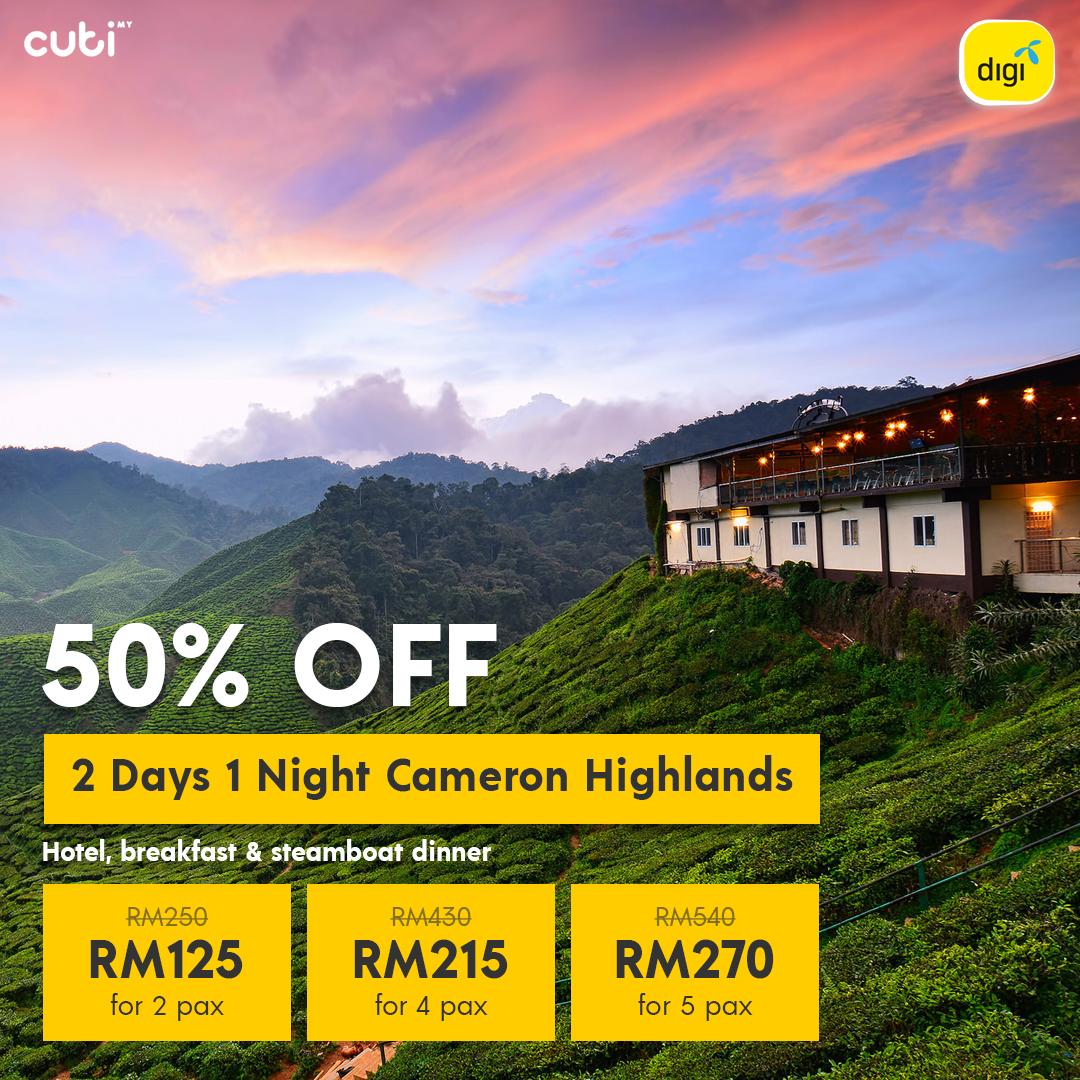cuti_MY's tweet photo. 📣 Calling out for Digi users!📣 Get 50% discount for 2 Days 1 Night Cameron Highlands Fantastic package. Download your discount code at MyDigi Rewards today!!

Package Includes:
✅1 Night accommodation
✅Daily breakfast
✅Steamboat dinner

#CutiMy #JomCuti #MyDigi #MyDigiRewards https://t.co/HKM8d1MFiz
