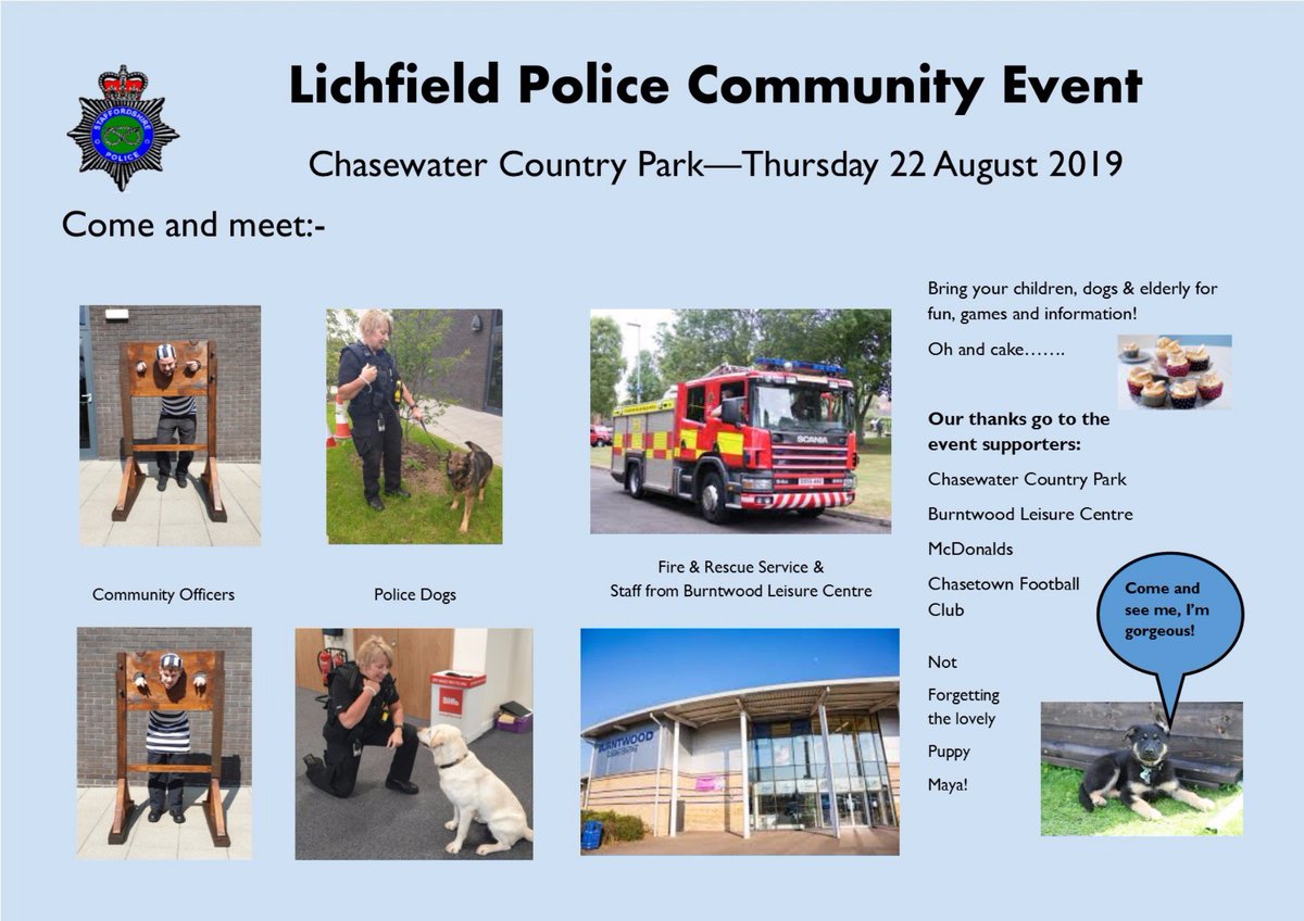 LichfieldPolice's tweet photo. Come &amp; join #Shift3NPT and friends for a community event at @SCCChasewater We're welcoming @StaffsDogs #Maya #pup2pd #PDEmma #PDTizzy @StaffsFire @BuntwoodLeisur All welcome for fun &amp; frolics #community #wetsponge #cake #sweets https://t.co/XPxNw9XzNk