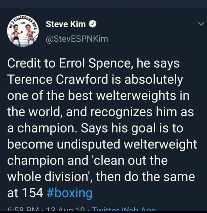 Dailyboxing365's tweet photo. PBC doesn't recognize the WBO... But Spence does 😎. Funny thing is Porter didn't even mention BUD...but Spence did 👀...
#BOXING2019 https://t.co/NRtEEKHsdW