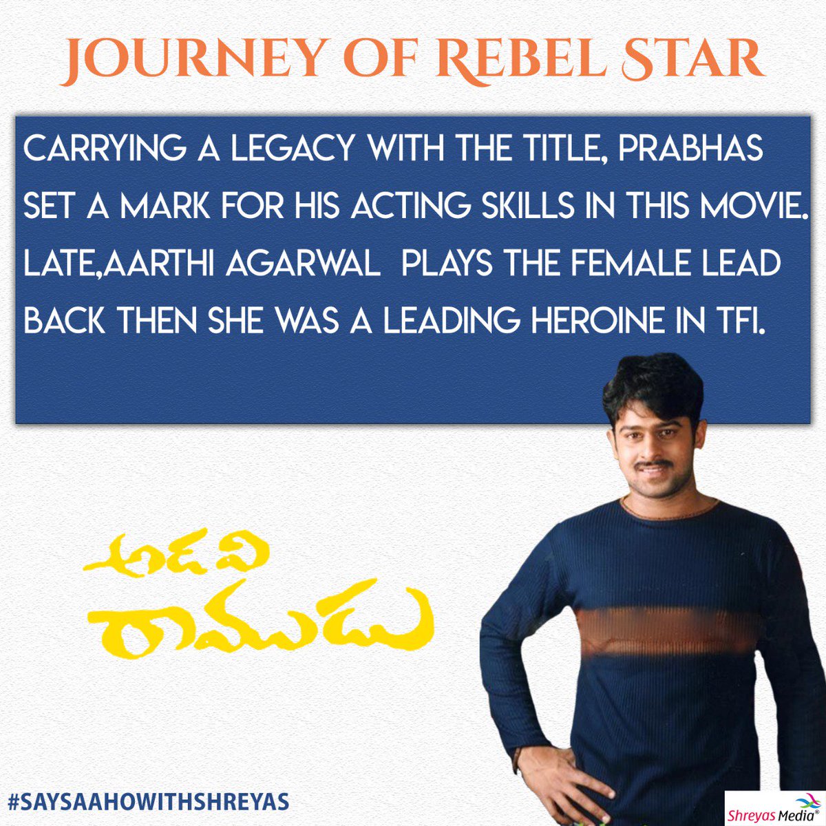 shreyasgroup's tweet photo. #JourneyOfPrabhas
4th Movie - #AdaviRamudu
Adavi Ramudu was more than just a film for the whole crew. This movie had carried a legacy and maintained it perfectly.

#SaySaahoWithShreyas 
#PrabhasForever #SaahoPreReleaseOnAUG18th https://t.co/N5x4Kp2wSg