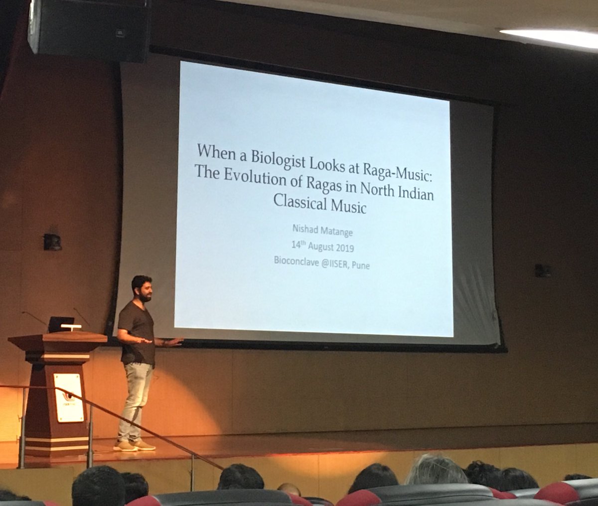 AdhesionLab's tweet photo. How often does this happen that annual talks of a bio department see a talk with that title. Taking a step away from his science with bacteria @NMatange explores his other passion #music #Science. Great start to @IISERPune #bioconclave https://t.co/k9gzYjL0uZ