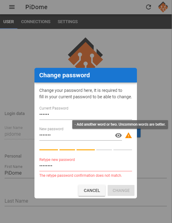 Pi_Dome's tweet photo. Some random user details screenshots of work in progress in the minimal mobile web interface.
- Real time password hints,
- User personal connections with external services
- Generic UI and geofencing settings https://t.co/wCZONBmazA