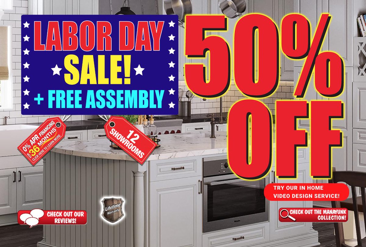 SolidCabinets's tweet photo. Celebrate this upcoming Labor Day NOW with 50% OFF cabinets + FREE ASSEMBLY! #labordaysale #solidwoodcabinets.com #kitchen #kitchendesign https://t.co/16vuhD45Xw
