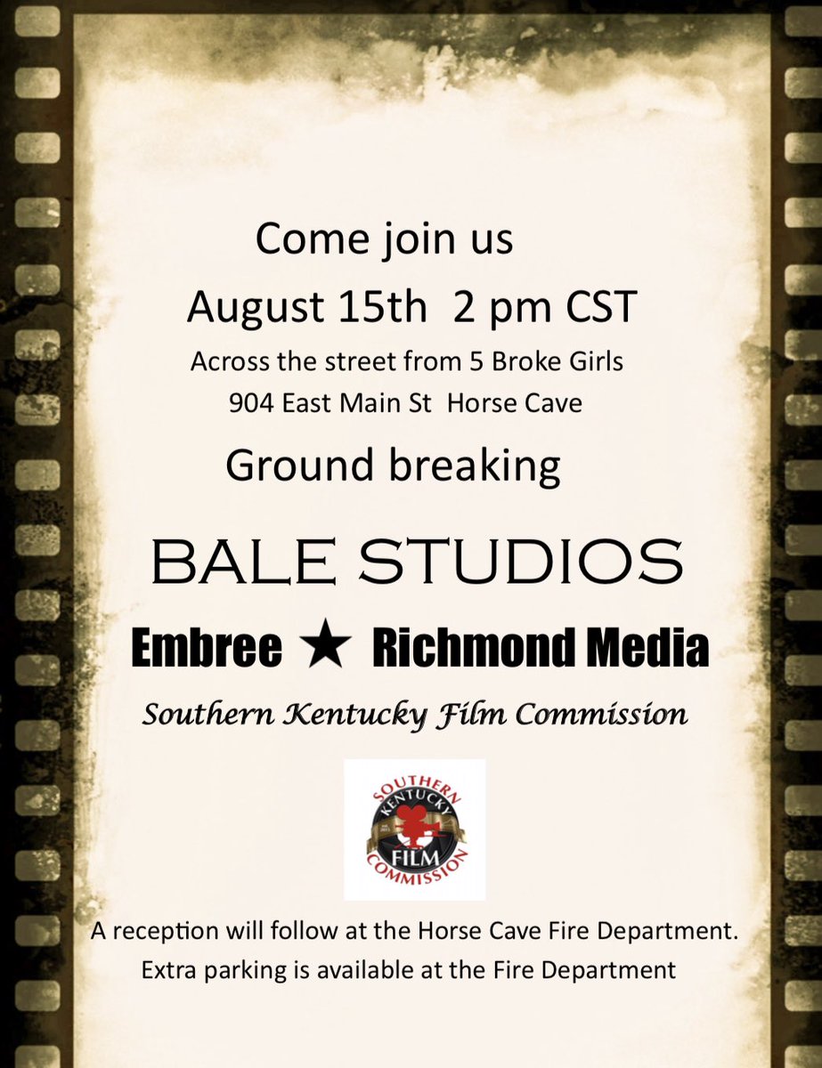Please join us tomorrow at 2 pm for the next exciting phase of film production in Southern Kentucky!! 
#kentuckysbiggestbacklot is getting bigger! 

SoKyFilm.com