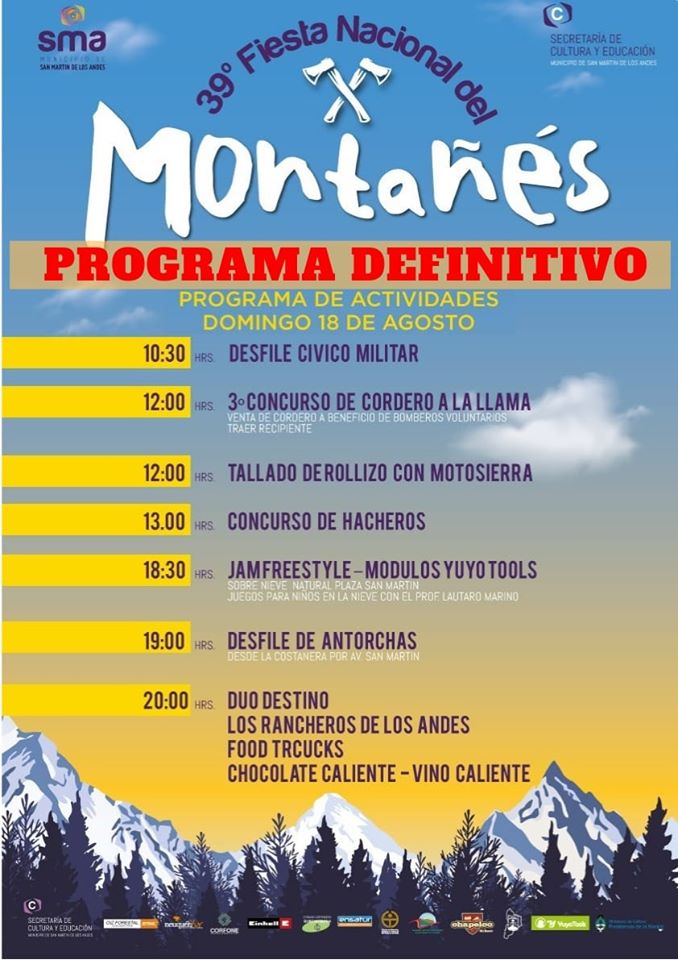 BureauSMA's tweet photo. SAN MARTÍN DE LOS ANDES FESTEJA ESTE DOMINGO LA 39° FIESTA NACIONAL DEL MONTAÑÉS
La celebración representa una parte de la identidad cultural de la ciudad, en la que se conjugan raíces vinculadas a la industria maderera, con el presente de la actividad turística. https://t.co/WTGQXjQsqJ