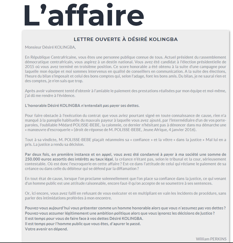 PerkinsWil's tweet photo. LETTRE OUVERTE À DÉSIRÉ KOLINGBA

Monsieur Désiré KOLINGBA,

En République Centrafricaine, vous êtes une personne publique connue de tous. Actuel président du rassemblement démocratique centrafricain, vous aspirez à un...
https://t.co/mQg0WPRoPG
#Centrafrique https://t.co/eXnCaphYzT