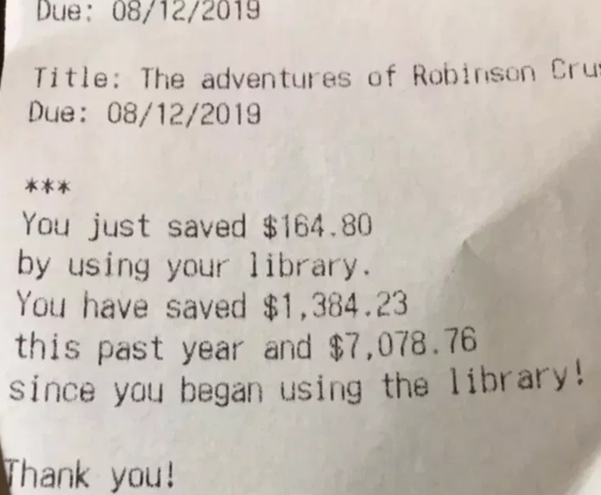 LibraryJournal's tweet photo. Public Library Receipt Shows How Much Money You Saved by Borrowing Instead of Buying Books (via BoingBoing) https://t.co/Vs9y7mRbEW &amp; (via VICE) https://t.co/Bs46K5eH6P https://t.co/npF3sHHWtT