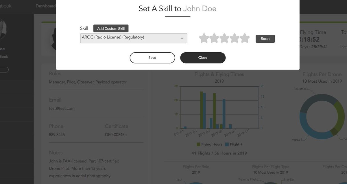 DroneLogbook's tweet image. A new module to manage Pilot Skills has been released.
Access a detailed personnel profiling with skills and capabilities tracking : Regulations, Operations, Business use cases and solutions. Compare skills across your organization and find the right pilot to a specific mission.