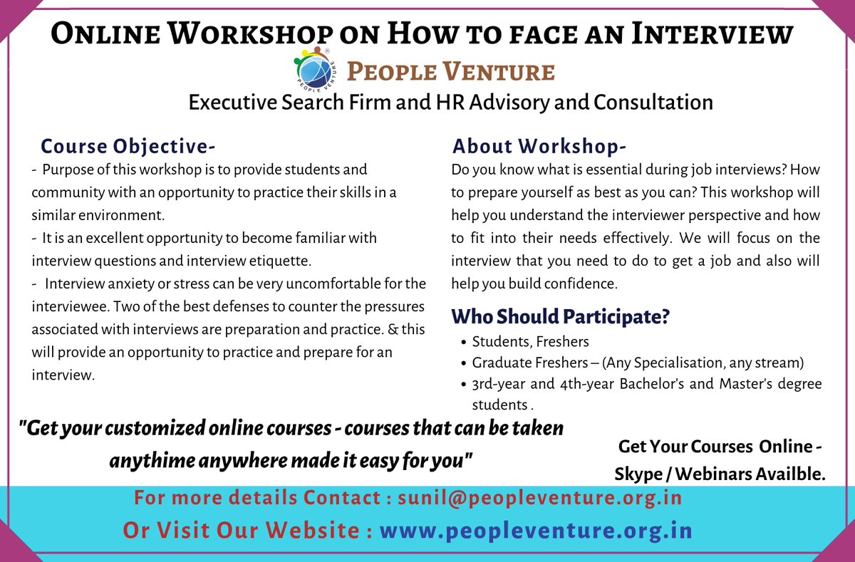 people_venture's tweet photo. Workshop Alert!!!
Workshop on "How to Face an Interview"
For details visit our website: https://t.co/ZfOpDZ6XSN
#Workshop #Interview #interviewworkshop #howtofaceaninterview #Freshers #students #Graduates #Onlineworkshops #PeopleVenture https://t.co/6W8ImHul7I