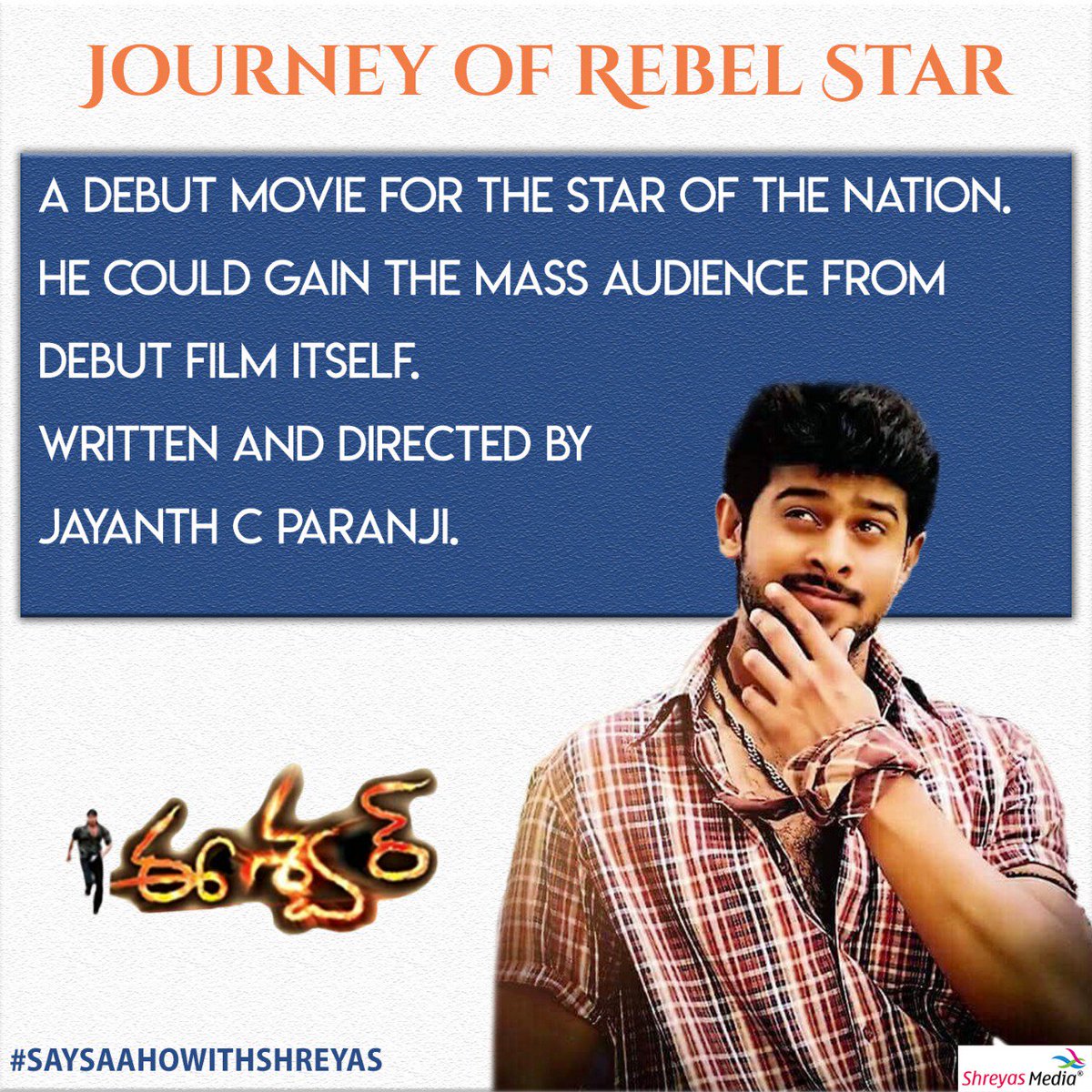 shreyasgroup's tweet photo. DEBUT - #Eeswar 
Join with @shreyasgroup and #SaySaahoWithShreyas, as we give out a small recap of the amazing journey of #Prabhas, before his biggest release.
#JourneyOfPrabhas #PrabhasForever #SaahoPreReleaseOnAUG18th https://t.co/DTFOvHm9Se