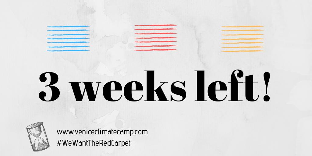 climatecamp_ve's tweet photo. -3 settimane!
Manca davvero poco al #VeniceClimateCamp al Lido di #Venezia (4-8/09) durante #Venezia76.

#ClimateChange 
#ClimateEmergency 
#ClimateAction 
#ClimateCrisis 
#Wewanttheredcarpet https://t.co/CuQX22bP6Z