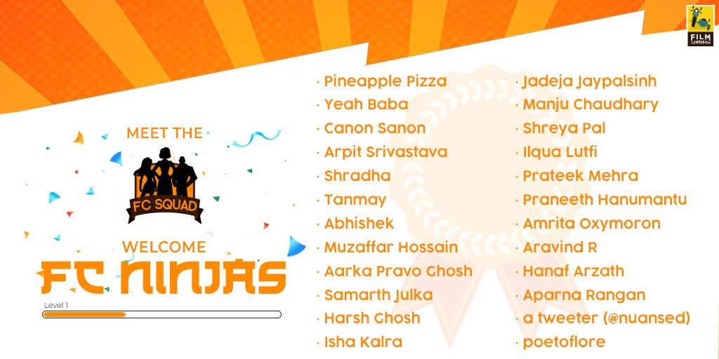 FilmCompanion's tweet photo. Meet the first members of #FCSquad. Chosen from regular and quality interaction with Film Companion across social media channels. Stay tuned for exciting activities & features by us. Welcome to the Squad, FC Ninjas! Stay awesome, stay filmy and stay connected! https://t.co/7XkDo1RmeA